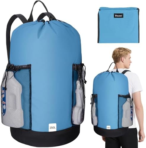BALEINE 150L Laundry Bag Backpack, 900D Oxford Fabric Large Travel Laundry Bags with Shoulder Straps and 2 Mesh Pockets for College Dorm, Apartment, Laundromat (Blue, 150L) by BALEINE