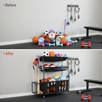 MyGift 3 Tier Sports Equipment Organizer Rolling Ball Storage Rack w/Hooks - Image 3