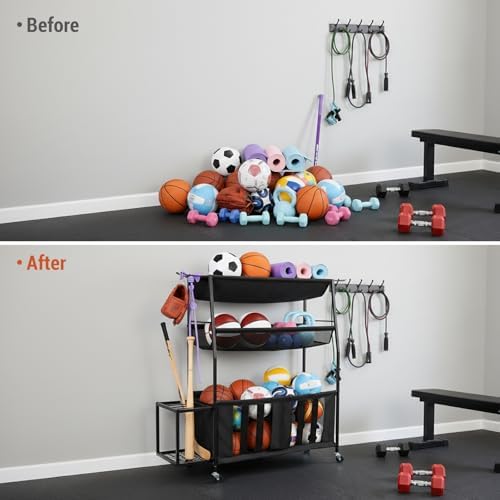 MyGift 3 Tier Sports Equipment Organizer Rolling Ball Storage Rack w/Hooks - Image 3