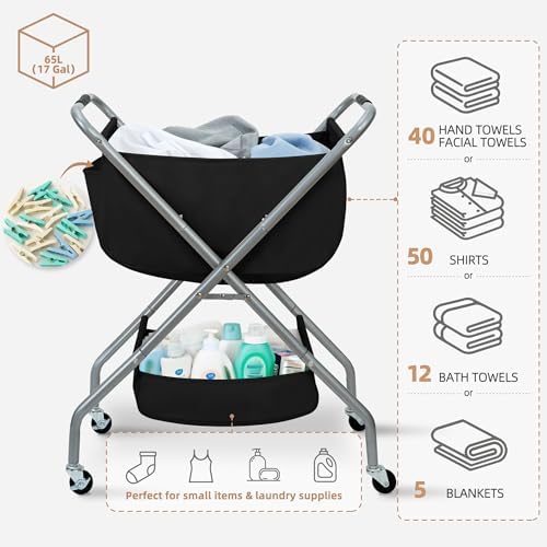 STORAGE MANIAC Collapsible Laundry Cart with Wheels 31.5"H Rolling Laundry Hamper Clothes Basket with Wheels, Canvas Liner Sturdy Steel Frame Folding for Small Narrow Space Easy Storage, Black - Image 4