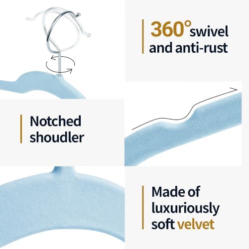 Sishynio Velvet Hangers 30 Pack, Non-Slip Slim Felt Clothes Hangers Blue | Space-Saving Closet Organization; Flocked Surface; 360° Swivel Hooks; For Shirts, Coats, Dresses, Blouses - Image 3