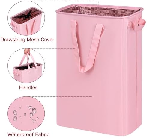 efluky Slim Laundry Basket, Narrow Laundry Hamper with Handles, Collapsible Dirty Clothes Hamper, Tall Laundry Bin for Laundry Room, Dorm and Bedroom, 12.7 Gallons(48L) Pink - Image 2