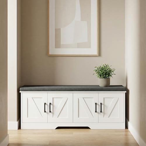 HOMSHO Farmhouse Shoe Storage Bench with 4 Barn Doors & Padded Seat Cushion - Image 4
