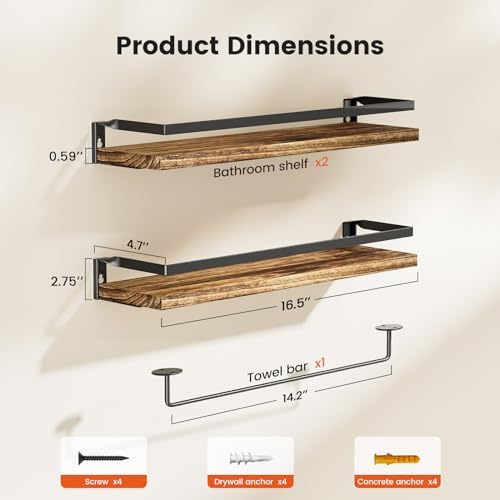 Amada Bathroom Shelves with Towel Bar, Set of 2, Rustic Brown - Image 3