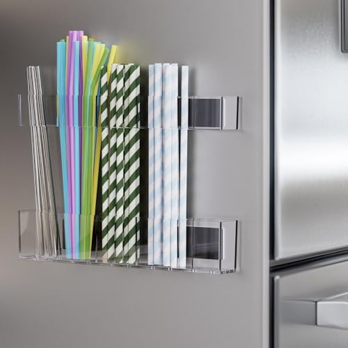 Magnetic Acrylic Straw Holder for Fridge - 5 Slot Sturdy Kitchen Organizer, Adhesive-Free Refrigerator Storage for Metal, Glass, Silicone Straws & Utensils (Separate unit Clear-Magnetic Type-5C) by ENESNES