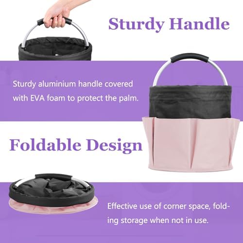 2Pcs 17L Shower Caddy with 6 Pockets, Portable Cleaning Caddy in 600D Oxford Fabric, Cleaning Supplies Bucket with Handle, Multifunctional Storage Basket for Dorm, Family, Black with Pink - Image 7