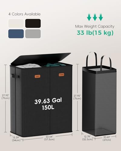 150L Double Laundry Hamper with Lid – 2-Section Clothes Hamper with Removable Bag for Bathroom, Bedroom, Laundry Room & Dorm - Image 3