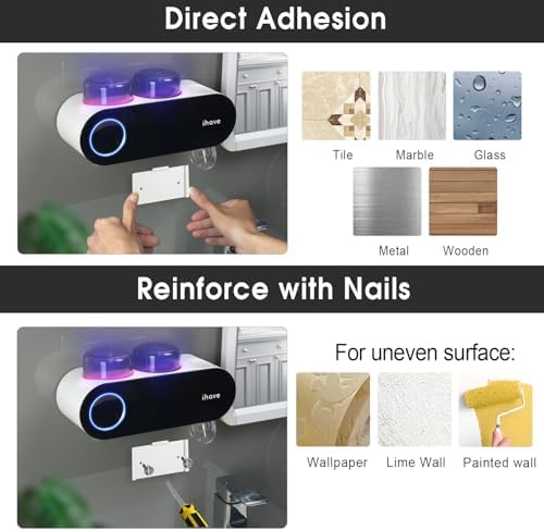 iHave UV Toothbrush Sanitizer Holder Wall Mount Toothpaste Dispenser, 2-Cup - Image 5