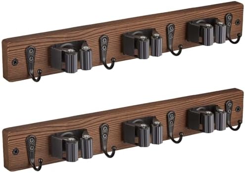 OUTNILI 2 Pack Mop Broom Holder Wall Mount with 3 Slots & 4 Hooks - Rustic Wood Broom Mop Hanger for Pantry Kitchen Organization - Garden Tool Organizer for Closet Laundry Room by OUTNILI