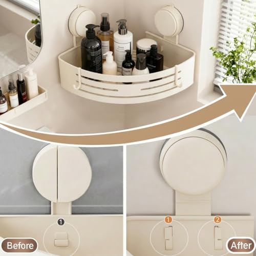 No-Drilling Corner Suction Cup Shower Caddy(1-Pack Cream White),Rust-Proof and Durable Bathroom Organizer with Towel Bar & Hooks,Modern Large-Capacity Wall-Mounted Shower Shelf - Image 5