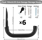 6 Pack Heavy Duty Garage Storage Ladders Hooks, 10 Inch Wall Mount Storage Garage Hangers for Bikes, Garden Tools, Chair, Hose - Image 2