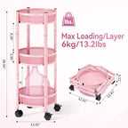 TOOLF 3 Tier Foldable Rolling Cart, Metal Utility Storage Cart, Pink | Assembly-Free, Lockable Wheels, Round Trolley Organizer for Bathroom, Kitchen, Office, Dorm, Laundry, Craft Room - Image 2