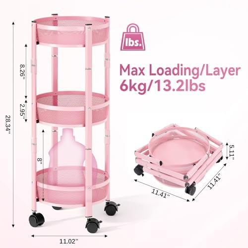 TOOLF 3 Tier Foldable Rolling Cart, Metal Utility Storage Cart, Pink | Assembly-Free, Lockable Wheels, Round Trolley Organizer for Bathroom, Kitchen, Office, Dorm, Laundry, Craft Room - Image 2