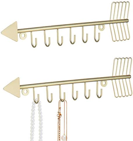 MyGift Brass-Tone Metal Wall Mounted Arrow Design Necklace Organizer Rack with 6 Hooks, Set of 2 by MyGiftHome