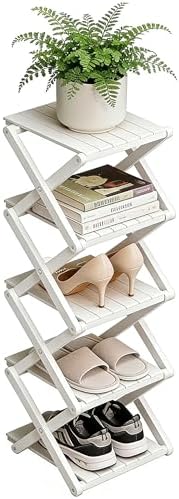 Bamboo Shoe Rack - No Assembly Required, Tall Narrow Foldable Shoe Organizer, Space-Saving Multifunctional Shelf for Entryways, Corners, Bedrooms, Balconies, 5 Layer White (Reinforced And Thickened ) by XZXWZX