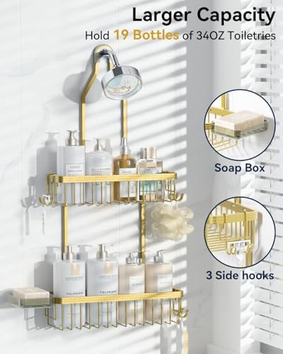 YASONIC Never Rust Shower Caddy Hanging, Aluminum Shower Racks for Inside Shower, 2-Tier Shower Organizer Hanging Over Shower Head with Hooks and Soap Holder, Gold - Image 3
