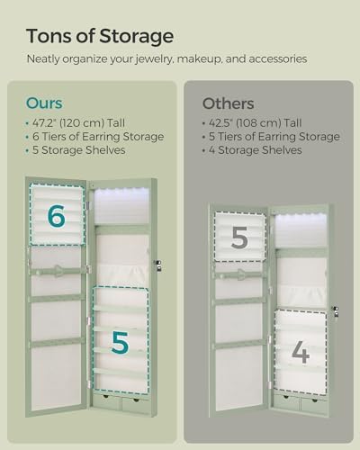 SONGMICS 6 LEDs Mirror Jewelry Cabinet, 47.2-Inch Tall, Lockable - Image 6