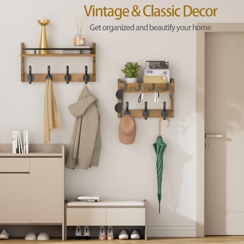 29 inch Coat Rack Wall Mount with Shelf, Entryway Wall Shelf with Hooks, Heavy Duty Coat Hanger Wall Mount with Key Holders and Mail Organizer for Living Room, Bedroom, Brown - Image 6