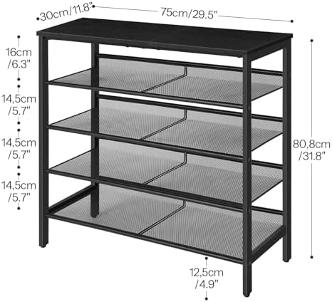 HOOBRO Shoe Rack for Entryway, 5-Tier Shoe Organizer with Adjustable Mesh Shelves, 12-16 Pairs of Shoes, Spacious Floor Mount, Metal, Industrial, Shoe Shelf for Closet, Black BB12XJ01 - Image 3