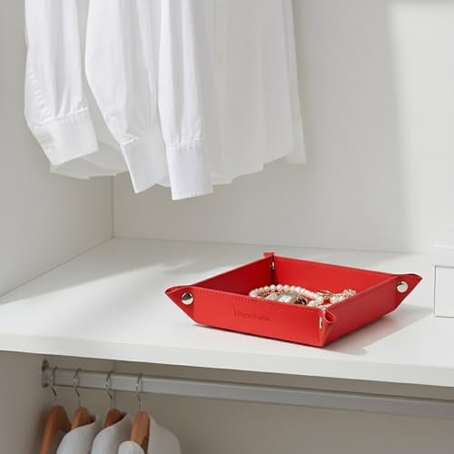 UnionBasic Small Valet Tray, Jewelry Tray for Rings Watches Earrings, Entryway Catchall Caddy for Coins Keys Change, Nightstand Bedside Valet Holder, Trays for Electronic Gadgets, Red - Image 4
