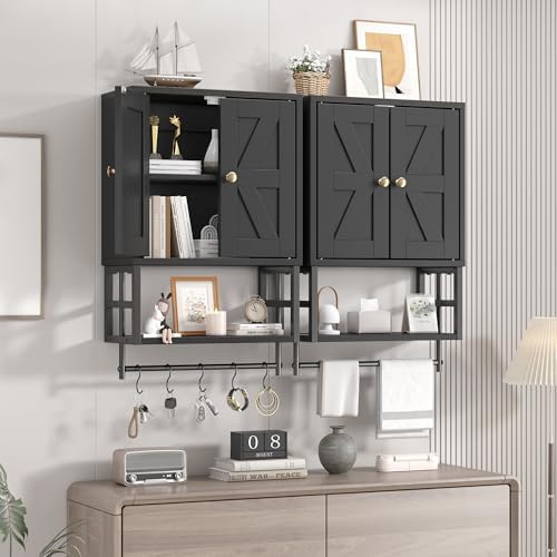 Bathroom Wall Cabinet, Farmhouse Medicine Storage with Towel Bar, Black - Image 2