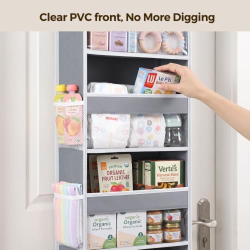 LAMU Over the Door Organizer, Large Capacity Behind the Door Storage with Clear PVC Windows, Heavy Duty Stuffed Animal Storage for Dorm Nursery Bedroom Closet Bathroom Pantry Shoes, 5 Tier Grey - Image 5
