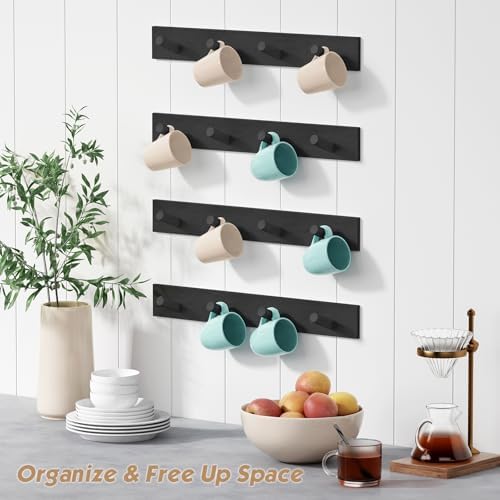 Forbena Black Coat Rack Wall Mount 4-Pack, Rustic Farmhouse Coat Hooks for Wall, Vertical Hanging Hat Rack for Office, Bedroom, Closet, Small Spaces, Kids Room Clothes, Entryway Shoes - 16 Pegs - Image 5