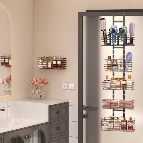 Yuyetuyo 5-Tier Over The Door Organizer Bathroom - Hair Dryer Holder - Hair Tool Organizer Adjustable Height, DIY Bathroom Storage Shelf Wall Mounted for Flat/Curling Irons, Straighteners, Skincare - Image 3