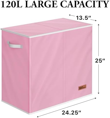 Simple Houseware Double Laundry Hamper with Lid & Removable Bags, Pink - Image 2