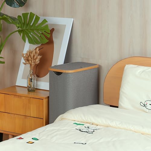 Slim Laundry Basket with Wheels,Narrow Hampers for Laundry, Laundry Hamper with Lid&Bamboo Handles,Dirty Clothes Hamper for for Bathroom Bedroom Dorm, 60L Grey - Image 6