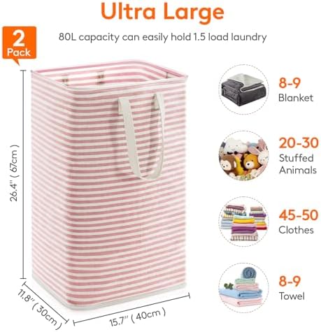Lifewit 2 Pack Laundry Basket 80L Each, Collapsible Clothes Hamper with Reinforced Handles, Freestanding Waterproof Design for Bedroom and Laundry Room, Pink&Blue 160L Total - Image 4