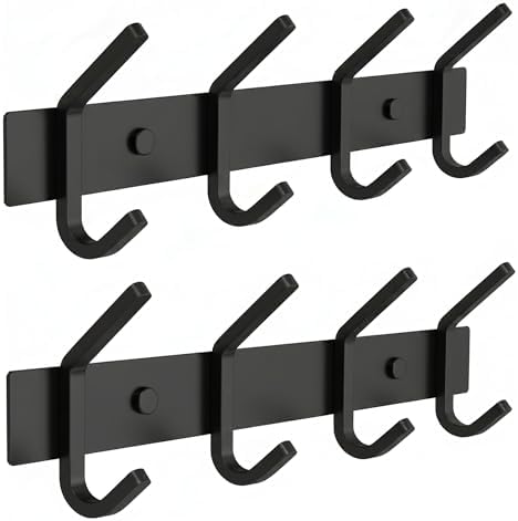 Coat Rack Wall Mount – 12 Inch Stainless Steel Hook Rail with 4 Double Coat Hooks for Hanging – Wall Mounted Entryway Organizer for Coats, Hats, Bags, Towels, Robes, or Bathroom - Black 2 Pack by SAYONEYES