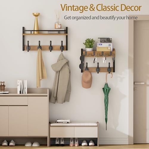 29 inch Coat Rack Wall Mount with Shelf, Entryway Wall Shelf with Hooks, Heavy Duty Coat Hanger Wall Mount with Key Holders and Mail Organizer for Living Room, Bedroom, Wooden Brown & Black - Image 6