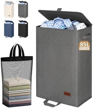 85L Laundry Hamper with Lid, Tall Dirty Clothes Hamper, Grey by HOSYNWIN