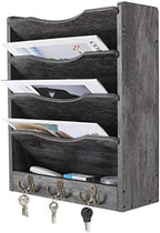 PAG-Mass 5-Tier Wall File Holder Hanging Mail Organizer Wood Magazine Literature Rack with 6 Hooks, Dark Gray - Image 2