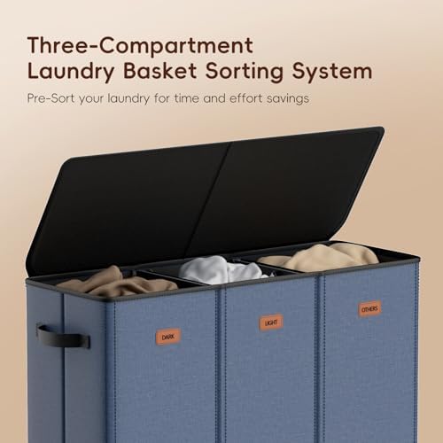 185L Laundry Hamper 3 Section, Laundry Hamper with Lid, Dirty Clothes Hamper with 3 Removable Washing Bags, Extra Large Laundry Basket Organizer for Bedroom, Laundry Room, Dorm - Navy Blue - Image 5