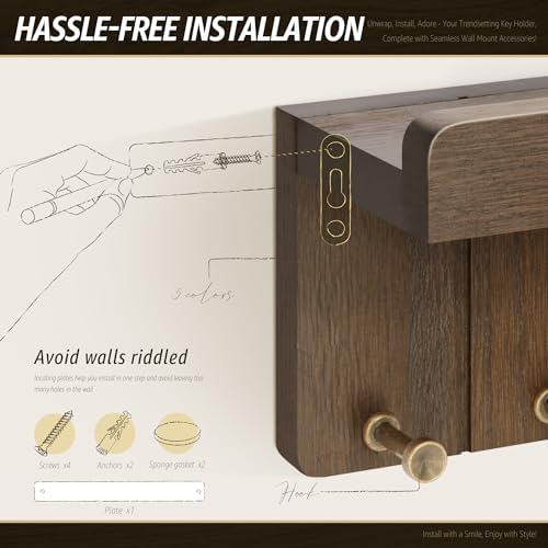 Rebee Vision Small Key Holder Wall Mount with 4 Hooks for Entryway, Brown - Image 6