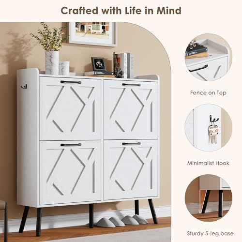 Nicetree Shoe Cabinet with 4 Flip Drawers, Freestanding Shoe Organizer Cabinet with Metal Legs, Farmhouse Slim Shoe Rack Cabinet for Entryway, Foyer, Hallway, White - Image 6