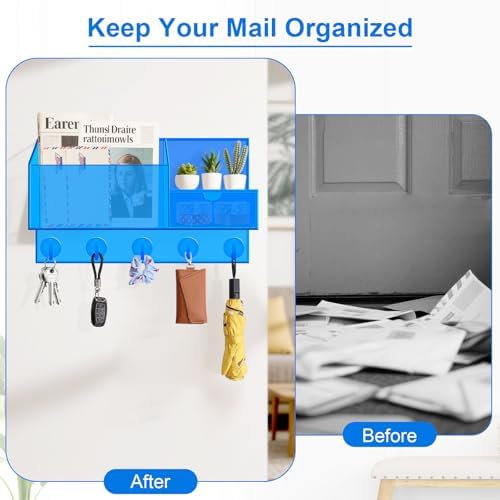 Acrylic Key Holder Wall Mount Mail Organizer for Wall with Shelf Storage Drawer and 5 Hooks, Blue - Image 7