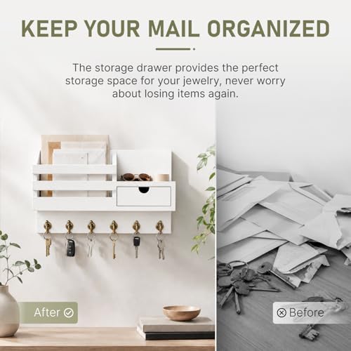 FifthQuarter Key and Mail Holder Wall Mount with Drawer and 6 Sturdy Hooks - Image 3