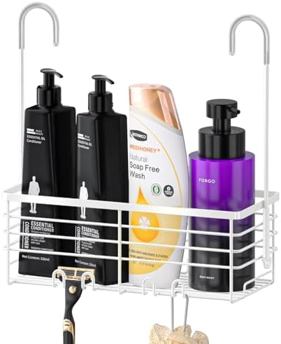 SHANSHUI Shower Caddy Hanging Bathroom Organizer Basket, Shampoo Bracket, Over Door Showers Caddy with Hooks, 304 Stainless Steel Rust Proof Rack- White by SHANSHUI