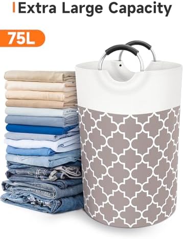 Large Laundry Basket, 75L Tall Collapsible Hamper with Handles, Khaki - Image 5