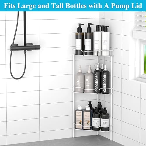 HuggieGems Metal Floor Standing Corner Shower Caddy, White, 3 Tier - Image 4