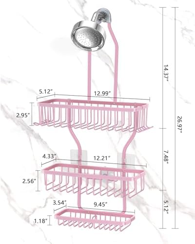 Pink Shower Caddy for Bathroom - Never Rust Hanging Shower Organizer with Soap Basket and Hooks - Large Capacity 3 Tier Aluminum Over The Showerhead Caddy - Image 2