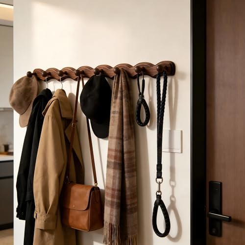 Wood Coat Rack Wall Mount -8 Pack Walnut Coat Hooks for Hanging Clothes,Keys, Robes,Purse,Towels,Bags,Backpack, Modern Decorative Wall hooks Heavy Duty Hanger Organizer for Bathroom,Entryway & Bedroom - Image 5