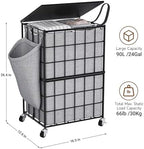 90L Laundry Basket with Wheels, Large Capacity Laundry Hamper with Removable Liner Bags, Heavy Duty Laundry Sorter with Solid Wood Lid & Leather Handles, Grey - Image 2