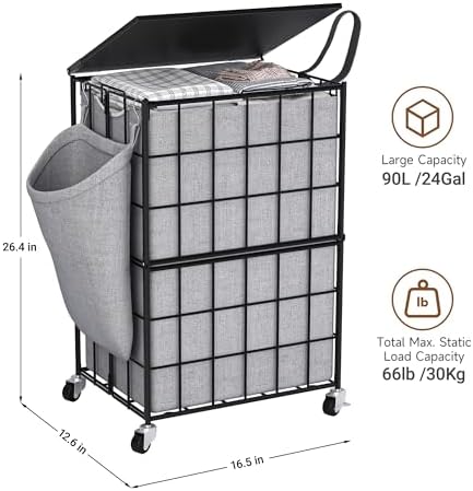 90L Laundry Basket with Wheels, Large Capacity Laundry Hamper with Removable Liner Bags, Heavy Duty Laundry Sorter with Solid Wood Lid & Leather Handles, Grey - Image 2