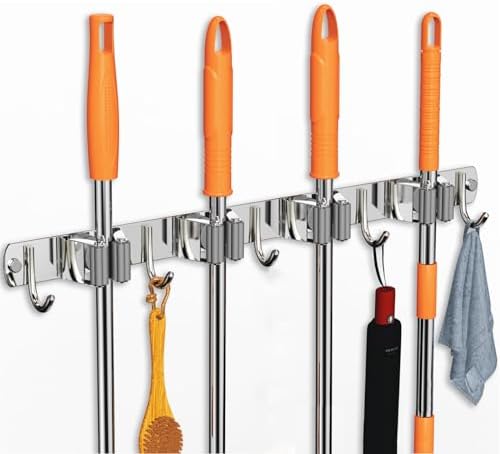 CUXIXA Mop and Broom Holder Wall Mount, Upgraded Broom Organizer Wall Mount, Stainless Steel Broom Hanger Wall Mount for Home Kitchen Garden Laundry Garage (4 Racks with 5 Hooks Silver) by CUXIXA