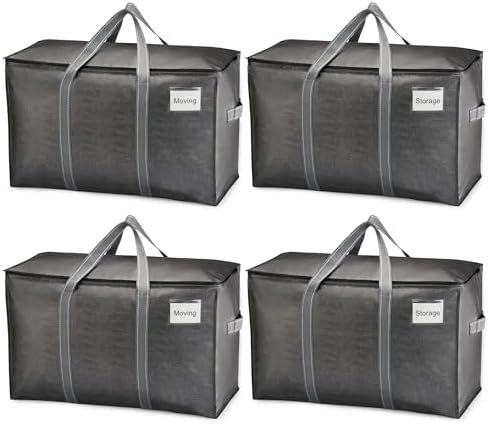 VENO 4 Pack Heavy Duty Moving Bags, Extra Large Storage Bags with Reinforced Handles & Strong Zippers, Foldable & Reusable Moving Box Alternative for Clothes & Dorm Storage by Veno