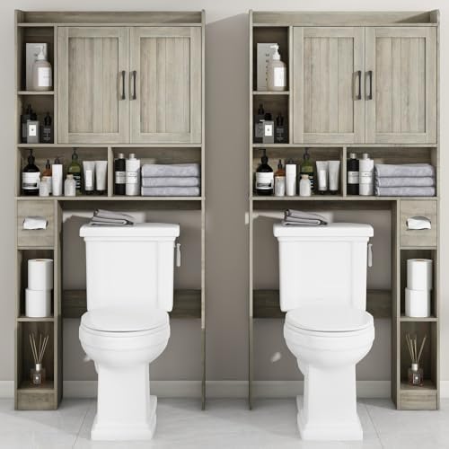 Vabches Farmhouse Over The Toilet Storage Cabinet with Barn Door, Gray Oak - Image 3